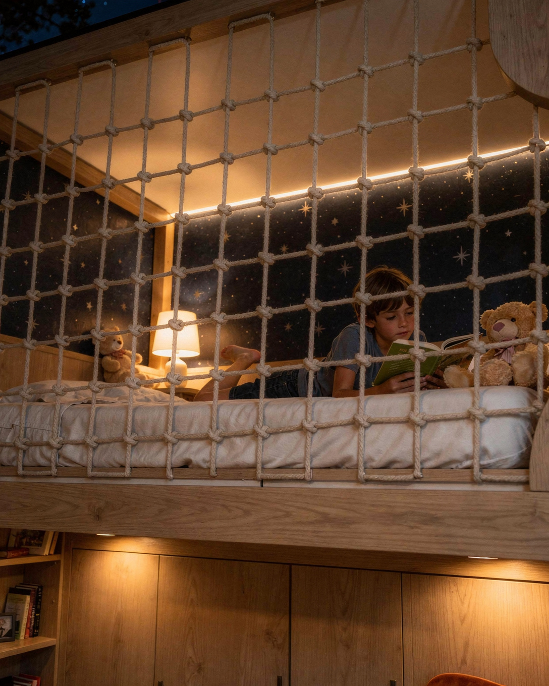 Criança lendo com uma luminária na cama alta, atrás da trama de macramê, à noite